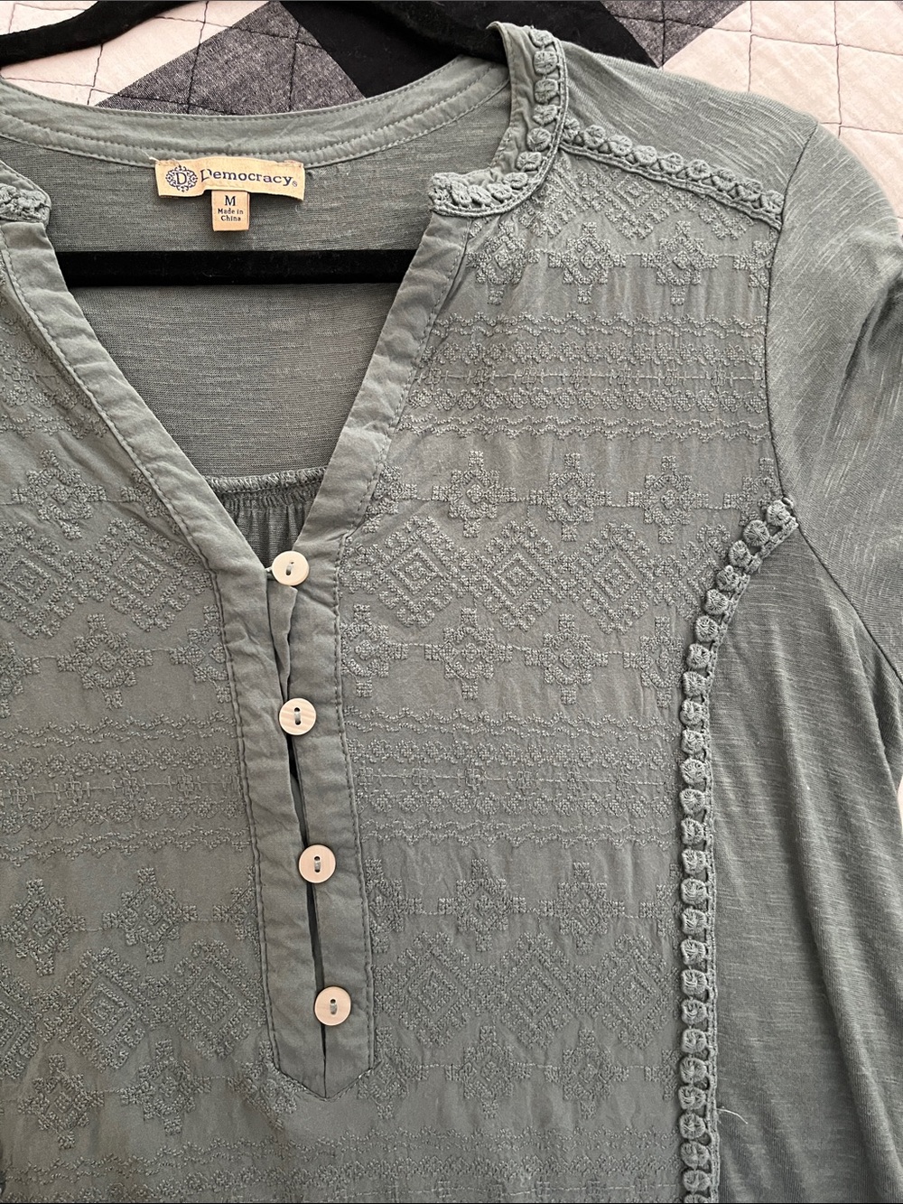 Democracy Olive Green Embroidered Button-Front Henley Blouse - Picture 6 of 7
